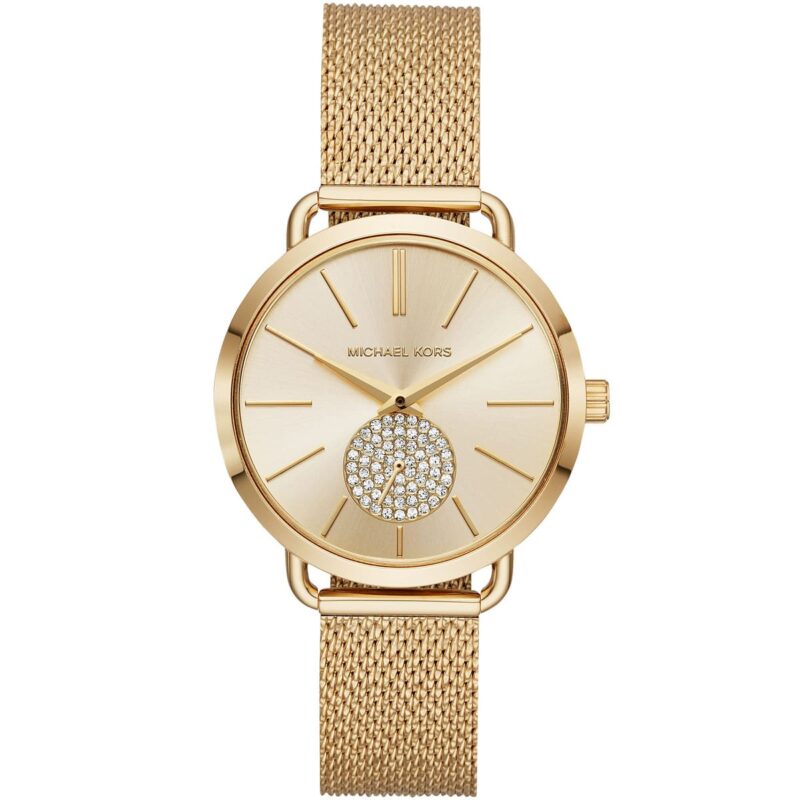 mk3844 michael kors watch women gold dial stainless steel metal golden mesh strap quartz analog three hand portia