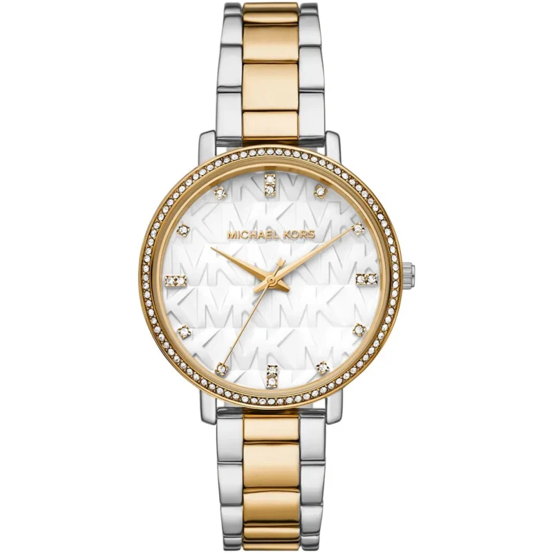 mk4595 michael kors watch women mk logo white dial metal stainless steel silver gold two tone strap quartz battery analog three hand pyper