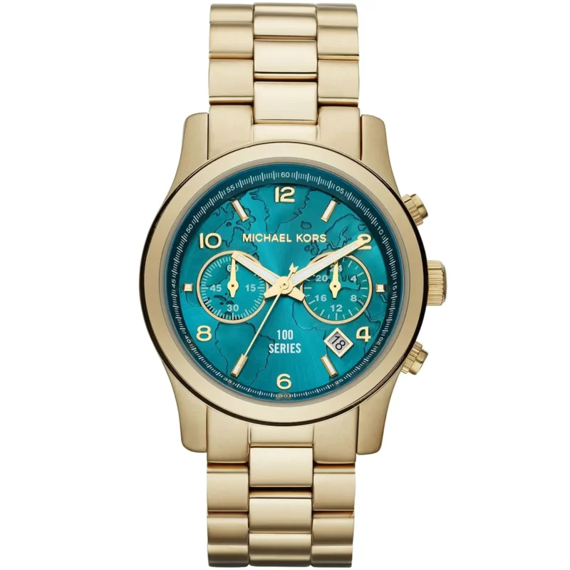 mk5815 michael kors chronograph watch women blue dial metal stainless steel gold strap quartz battery analog 100 series runway