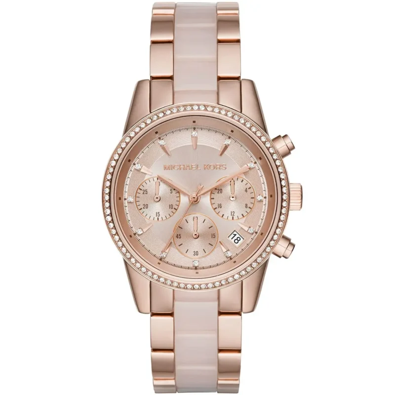mk6307 michael kors chronograph watch women rose gold dial multi pink golden strap quartz battery analog ritz