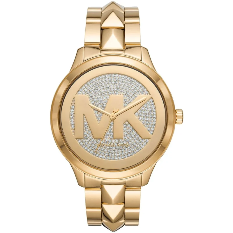 mk6714 michael kors watch women mk logo crystals gold silver dial metal stainless steel golden strap quartz battery analog three hand runway
