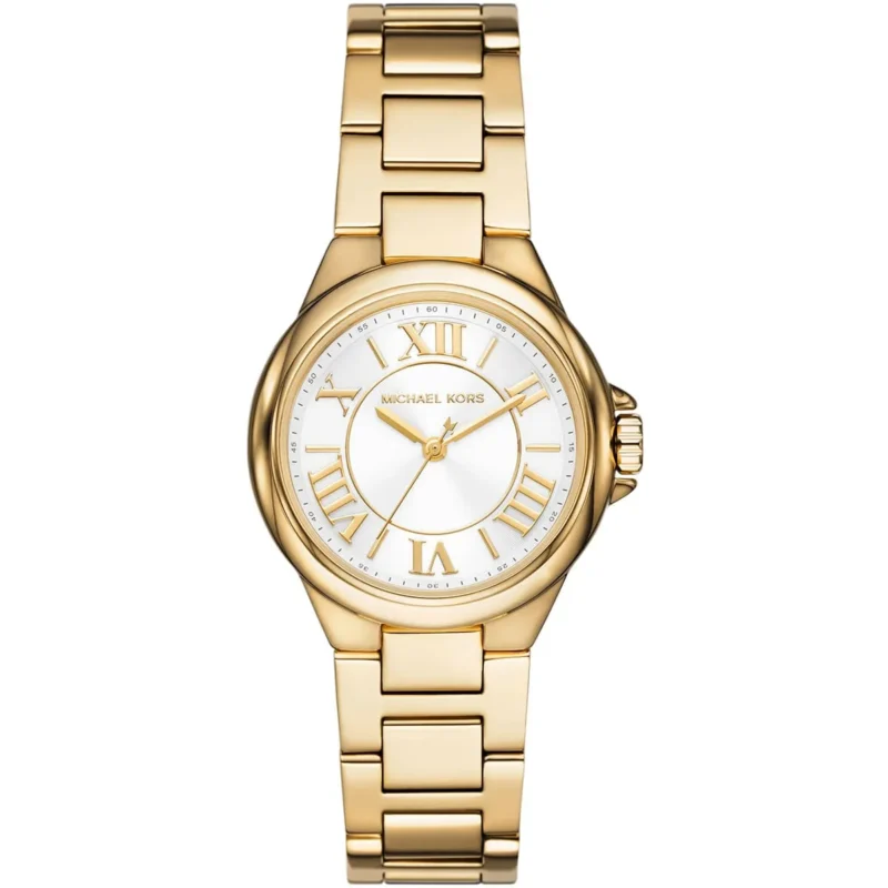 mk7255 michael kors watch women white dial metal stainless steel gold strap quartz battery analog three hand camille