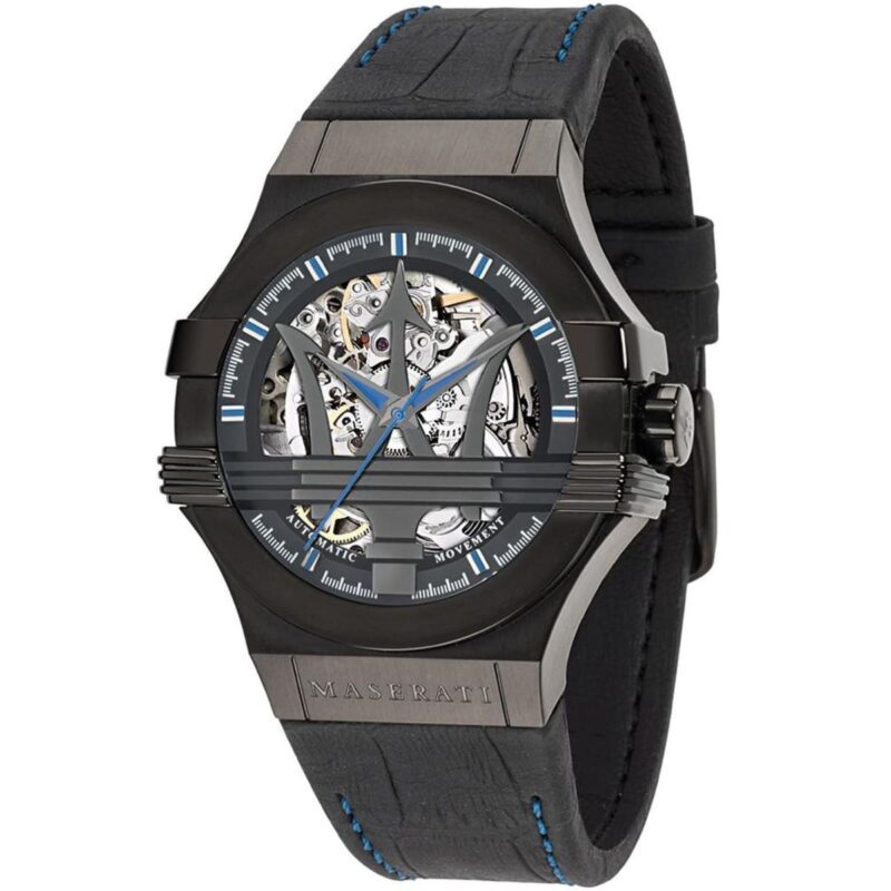 r8821108009 maserati watch men black dial leather strap automatic movment analog three hand potenza