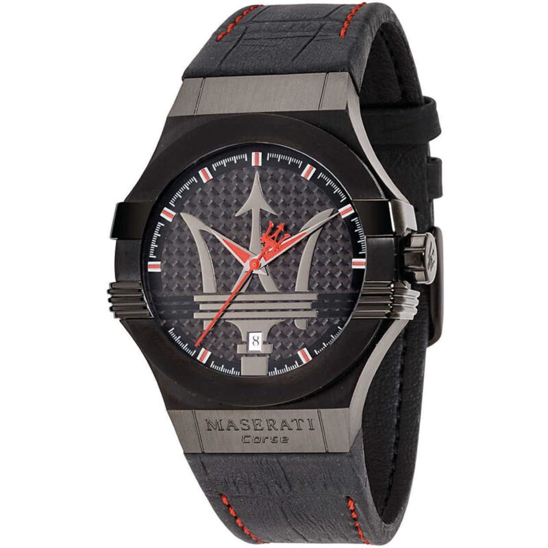 r8851108010 maserati watch men black dial leather strap quartz battery analog three hand corse potenza