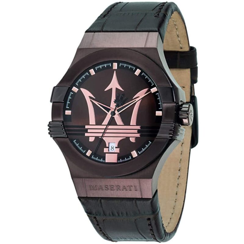r8851108011 maserati watch men brown dial leather strap quartz battery analog three hand potenza