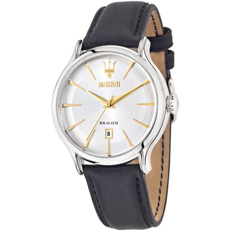 r8851118002 maserati watch men silver dial leather black strap quartz battery analog three hand wr 10 atm epoca