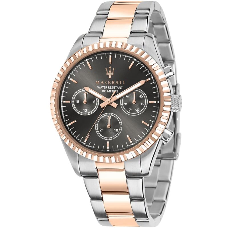 r8853100020 maserati watch men black dial metal stainless steel silver rose gold two tone strap quartz battery analog day date month water resistant 100 meters competizione