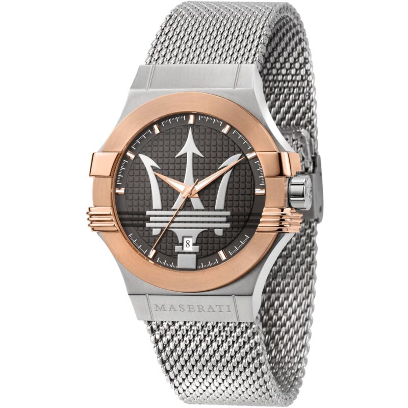 r8853108007 maserati watch men gray dial metal stainless steel silver mesh strap quartz battery analog three hand potenza