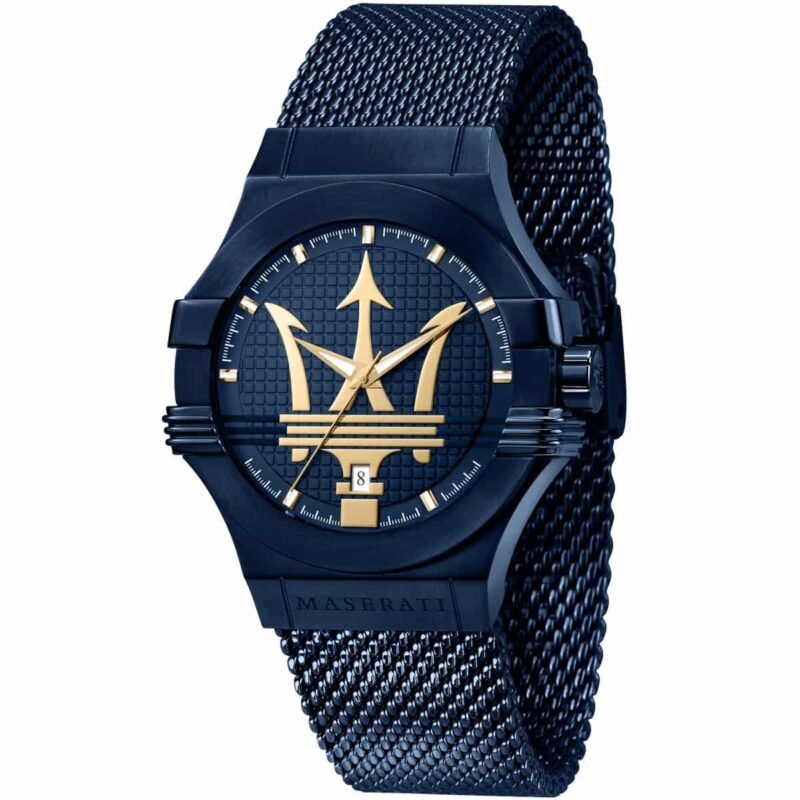 r8853108008 maserati watch men blue dial metal stainless steel mesh strap quartz battery analog three hand potenza