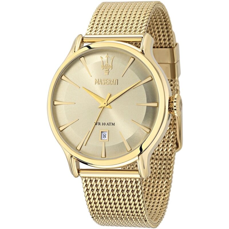 r8853118003 maserati watch men gold dial metal stainless steel golden mesh strap quartz battery analog three hand wr 10 atm epoca