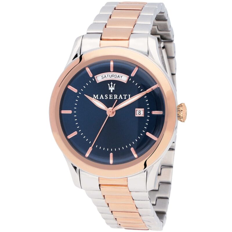 r8853125001 maserati watch men blue dial metal stainless steel silver rose gold two tone strap quartz battery analog three hand tradizione