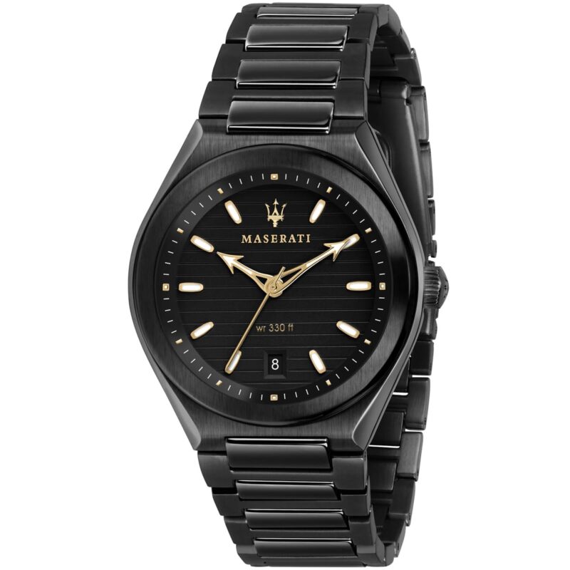 r8853139004 maserati watch men black dial metal stainless steel strap quartz battery analog three hand wr 330 ft triconic