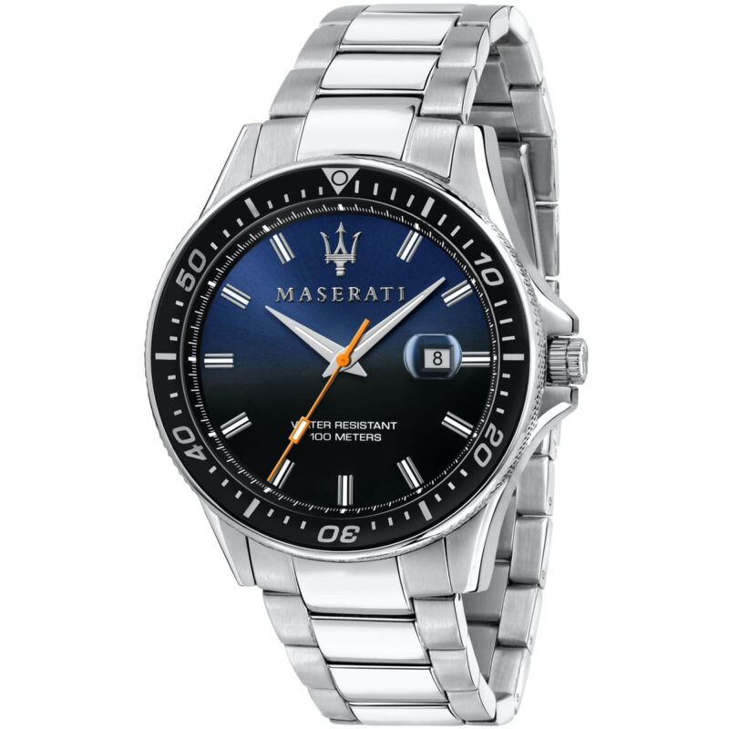 r8853140001 maserati watch men black blue dial metal stainless steel silver strap quartz battery analog three hand water resistant 100 meters sfida