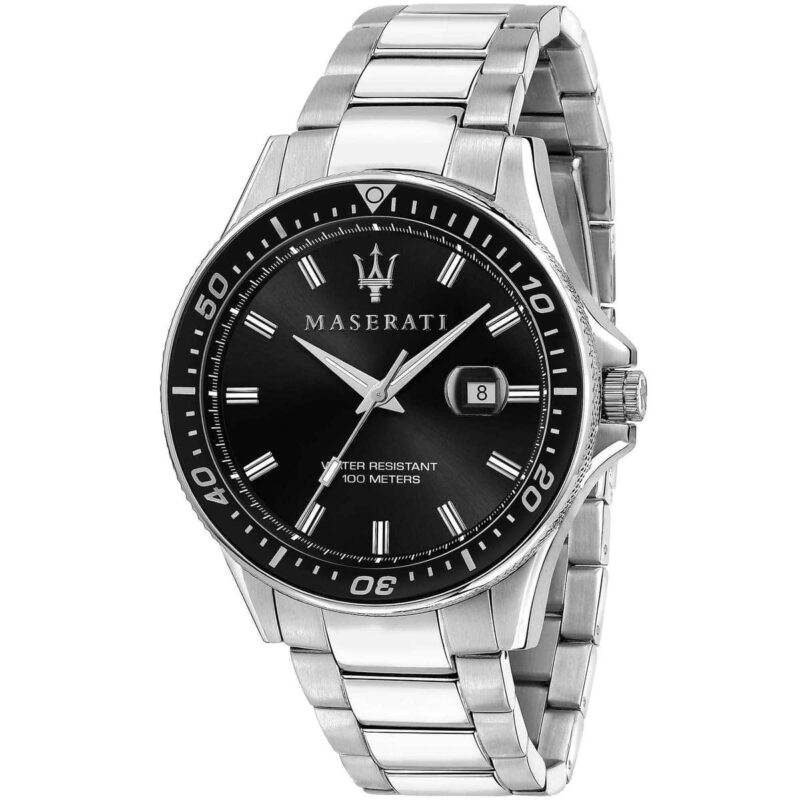 r8853140002 maserati watch men black dial metal stainless steel silver strap quartz battery analog three hand water resistant 100 meters sfida