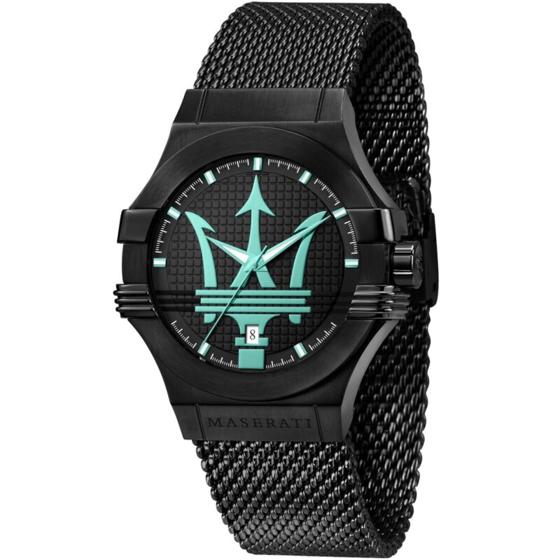 r8853144002 maserati watch men black dial metal stainless steel mesh strap quartz battery analog three hand potenza