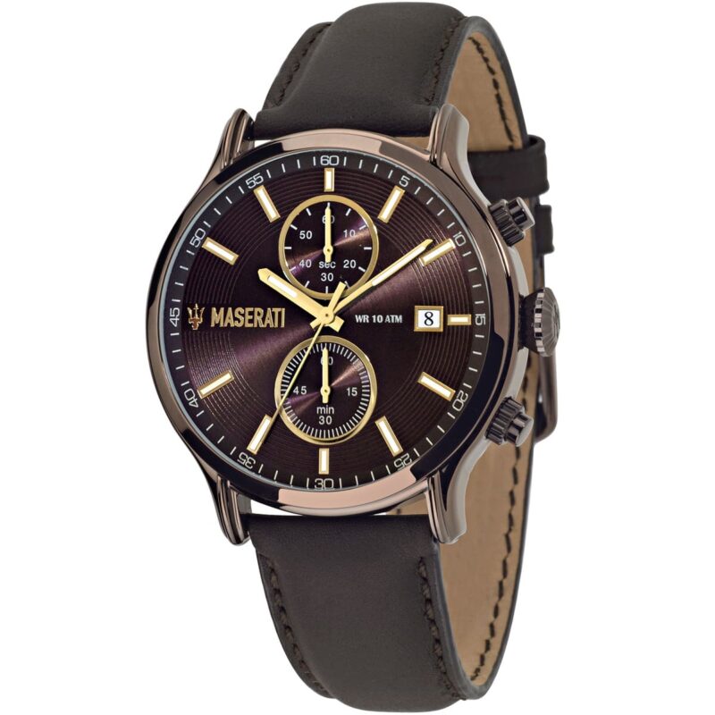 r8871618006 maserati watch men brown dial leather strap quartz battery analog chronograph wr 10 atm epoca