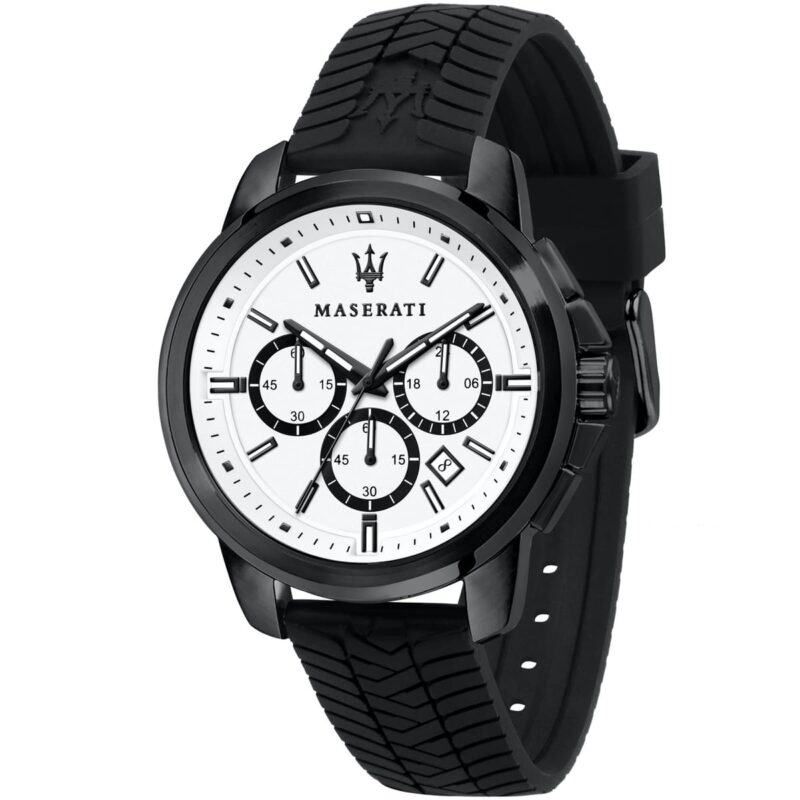 r8871621010 maserati watch men white dial rubber black strap quartz battery analog chronograph successo