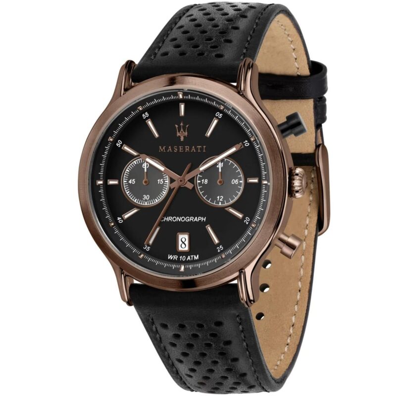 r8871638001 maserati watch men black dial leather strap quartz battery analog chronograph wr 10 atm legend