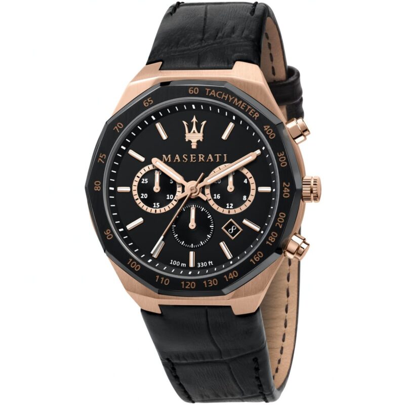 r8871642001 maserati watch men black dial leather strap quartz battery analog chronograph 100m 330ft stile