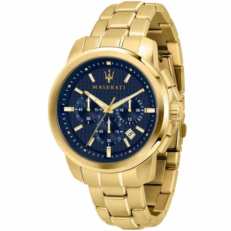 r8873621021 maserati watch men blue dial metal stainless steel gold strap quartz battery analog chronograph successo