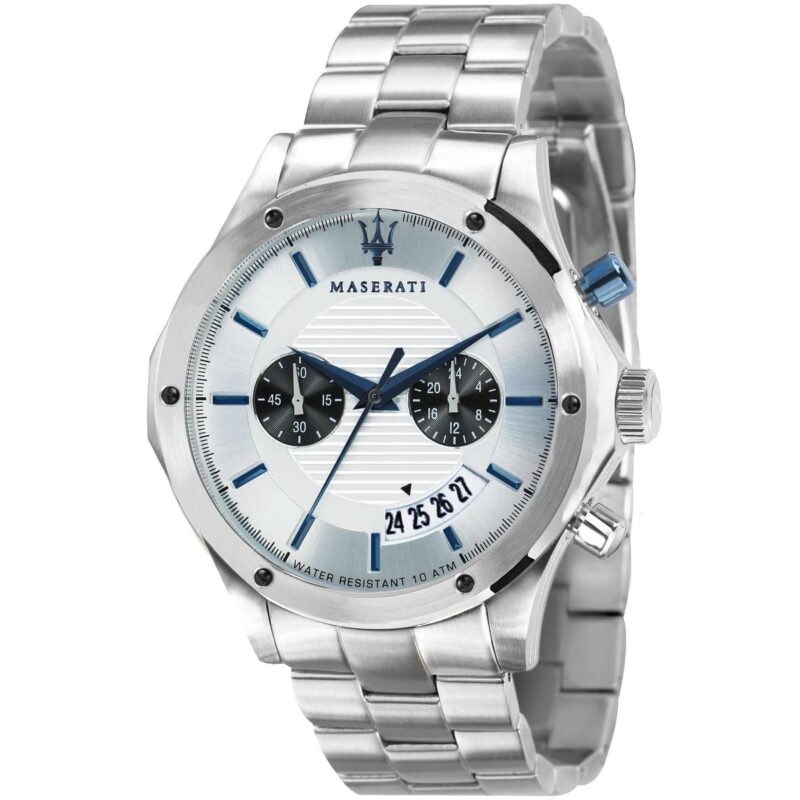 r8873627005 maserati watch men silver dial metal stainless steel strap quartz battery analog chronograph water resistant 10 atm circuito