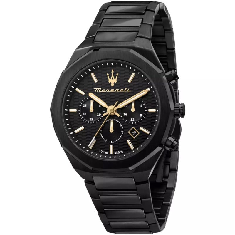 r8873642005 maserati watch men black dial metal stainless steel strap quartz battery analog chronograph 100m 330ft stile