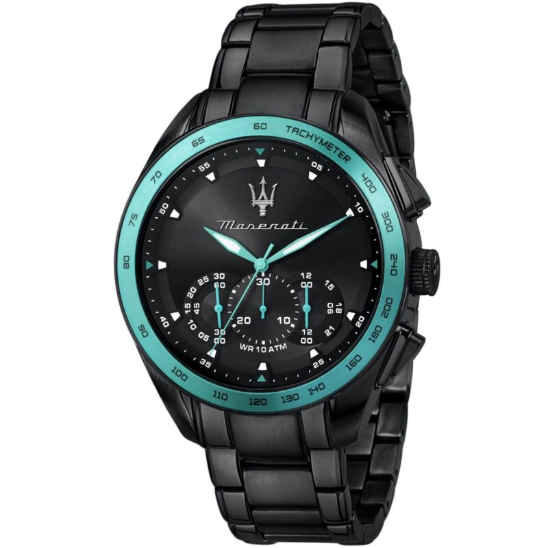 r8873644002 maserati watch men black dial metal stainless steel strap quartz battery analog chronograph tachymeter wr 10 atm traguardo aqua edition