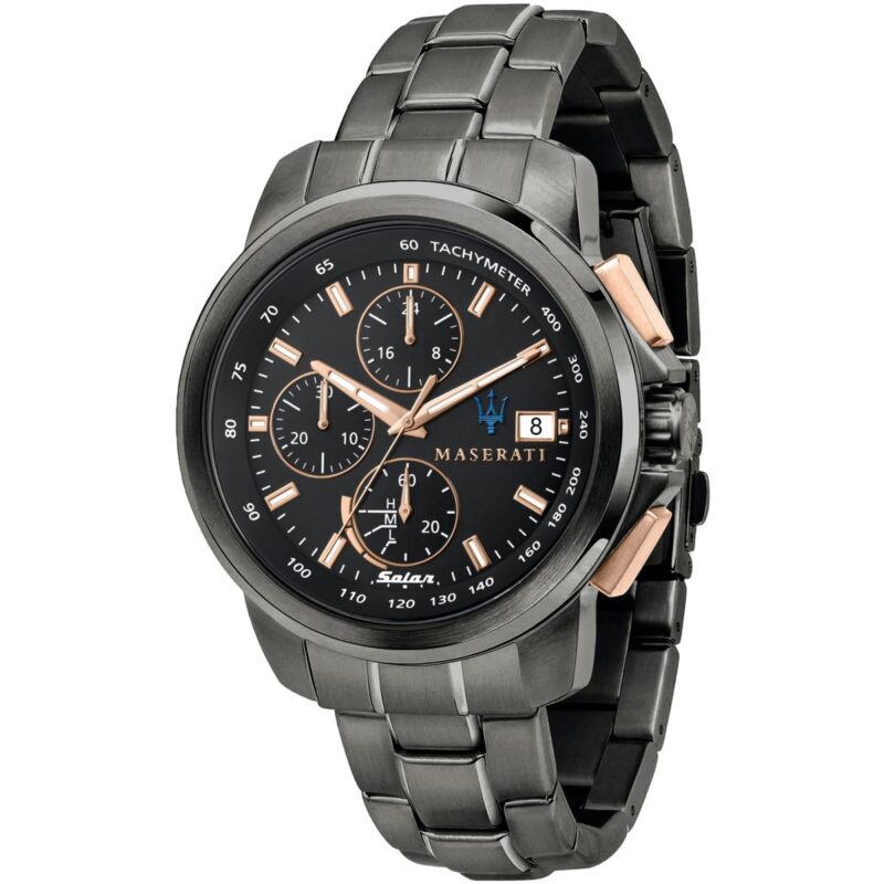 r8873645001 maserati watch men black dial metal stainless steel gray strap quartz battery analog chronograph tachymeter solar successo