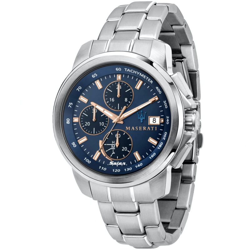 r8873645004 maserati watch men blue dial metal stainless steel silver strap quartz battery analog chronograph tachymeter solar successo