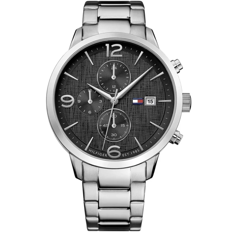 1710356 tommy hilfiger watch men black dial metal stainless steel silver strap quartz battery analog chronograph liam