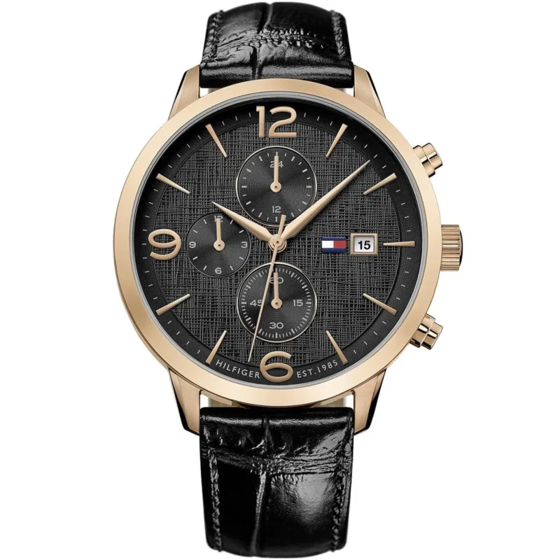 1710358 tommy hilfiger watch men black dial leather strap quartz battery analog chronograph liam