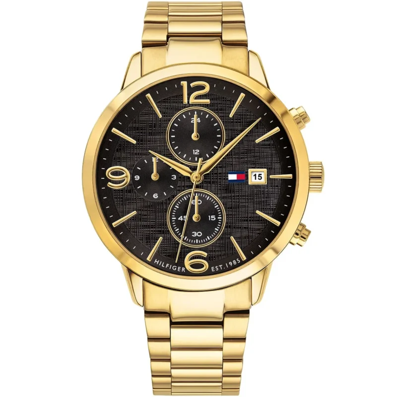 1710362 tommy hilfiger watch men black dial metal stainless steel gold strap quartz battery analog chronograph liam