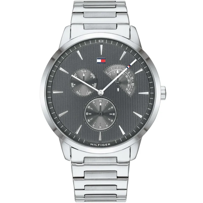 1710385 tommy hilfiger watch men gray dial metal stainless steel silver strap quartz battery analog three hand brad