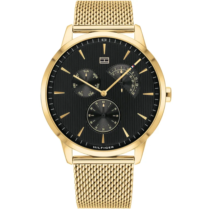 1710386 tommy hilfiger watch men black dial mesh metal stainless steel gold strap quartz battery analog three hand brad