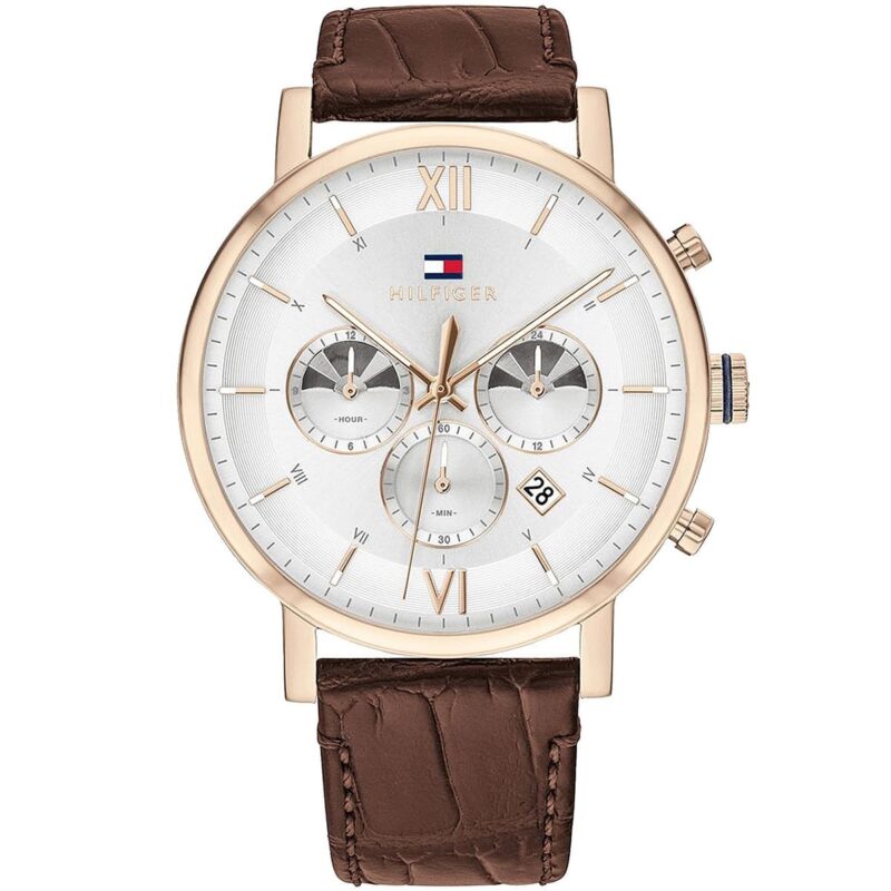 1710394 tommy hilfiger watch men cream dial leather brown strap quartz battery analog chronograph evan