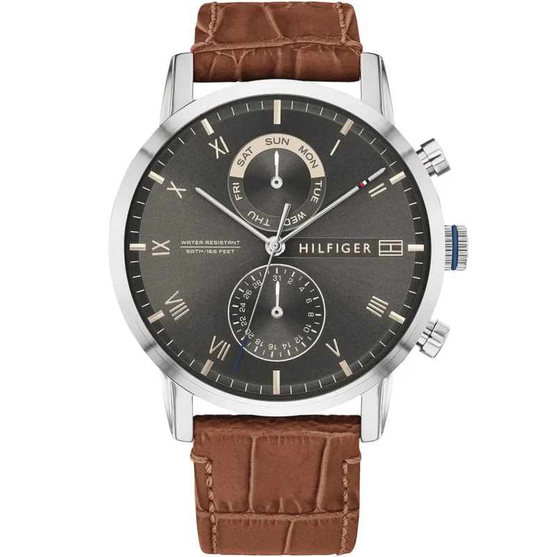 1710398 tommy hilfiger watch water resistant 5atm 165 feet men gray dial gunmetal leather brown strap quartz battery analog three hand kane