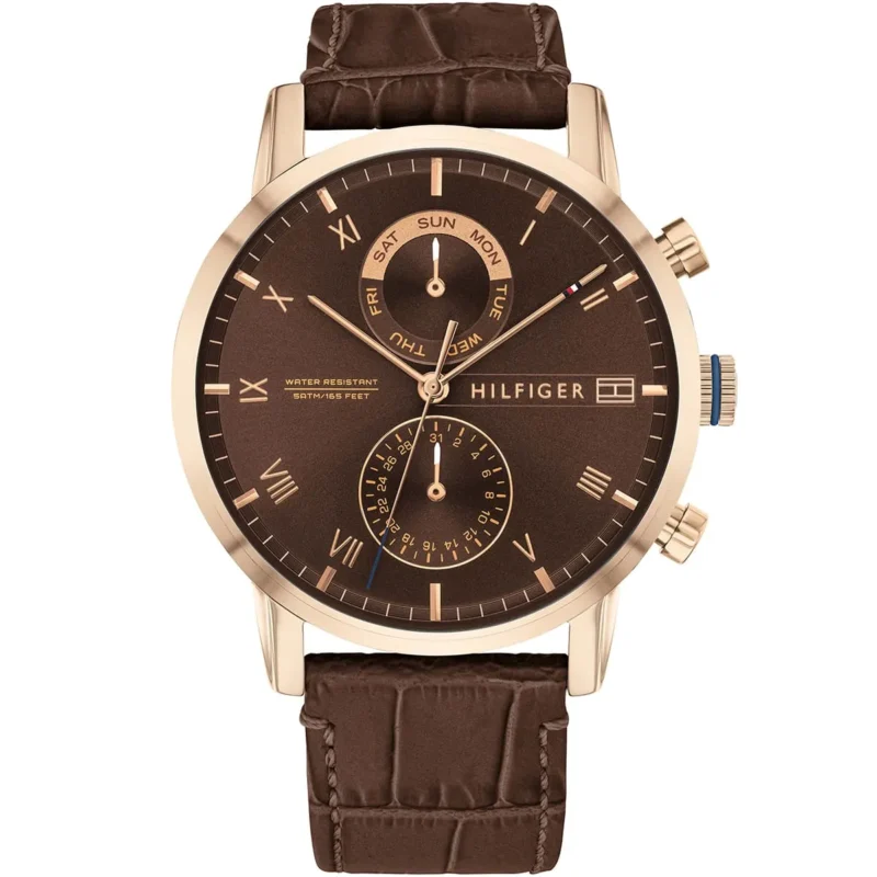 1710400 tommy hilfiger watch water resistant 5atm 165 feet men brown dial leather strap quartz battery analog three hand kane