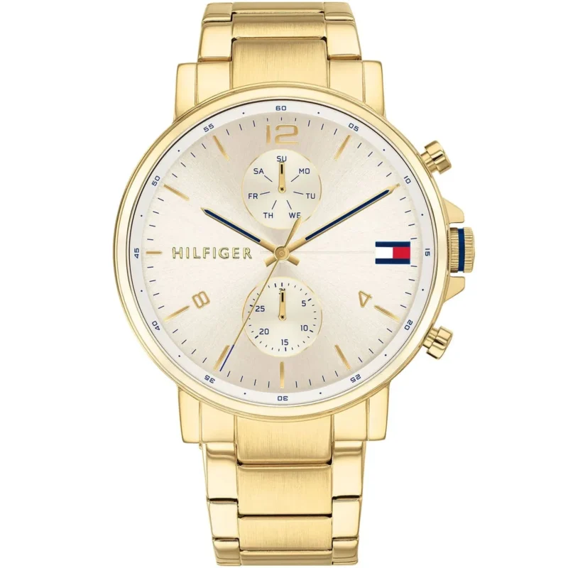 1710415 tommy hilfiger watch men gold dial metal stainless steel golden strap quartz battery analog three hand daniel