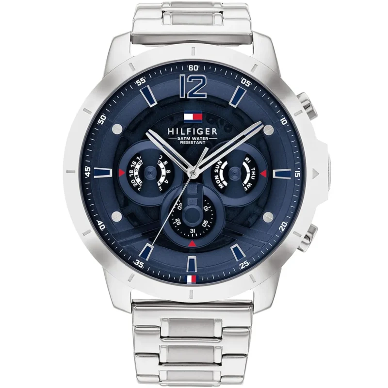 1710492 tommy hilfiger watch 5atm water resistant men blue dial metal stainless steel silver strap quartz battery analog luca