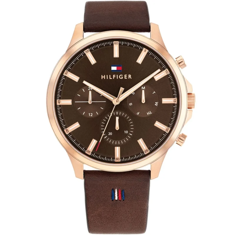 1710497 tommy hilfiger watch men brown dial leather strap quartz battery analog ryder