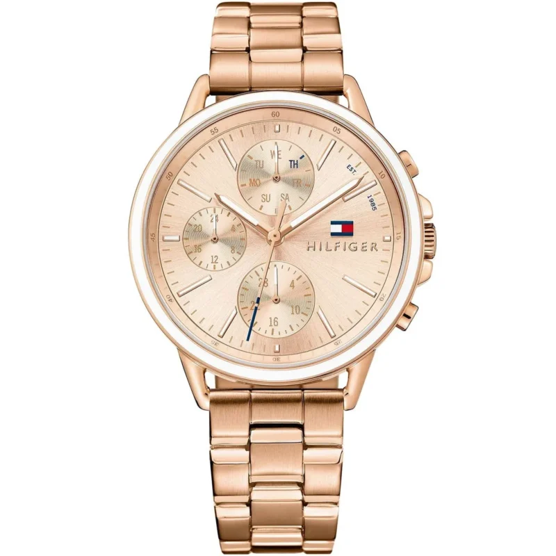 1781788 tommy hilfiger watch women rose gold dial metal stainless steel golden strap quartz battery analog three hand carly