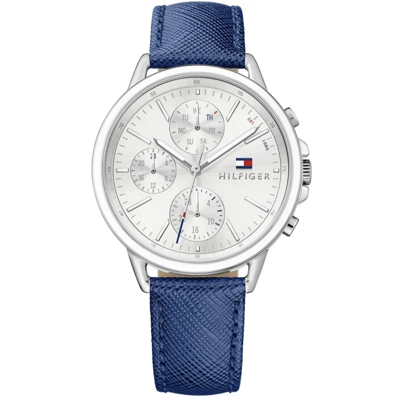 1781791 tommy hilfiger watch women silver dial leather blue strap quartz battery analog three hand carly