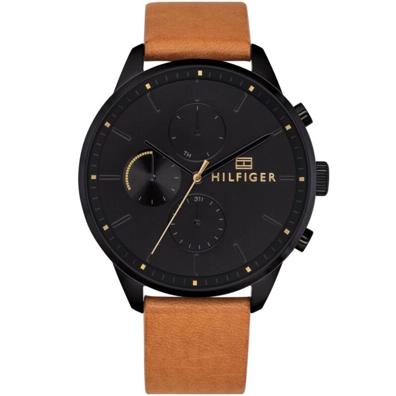 1791486 tommy hilfiger watch men black dial leather brown strap quartz analog day date month chase