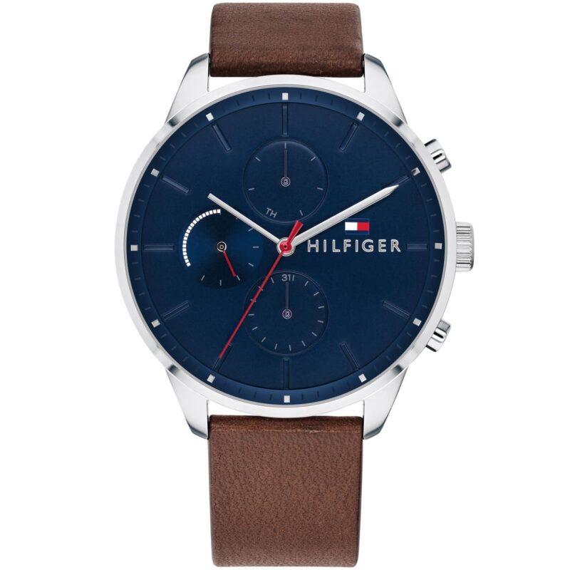 1791487 tommy hilfiger watch men blue dial leather brown strap quartz analog day date month chase