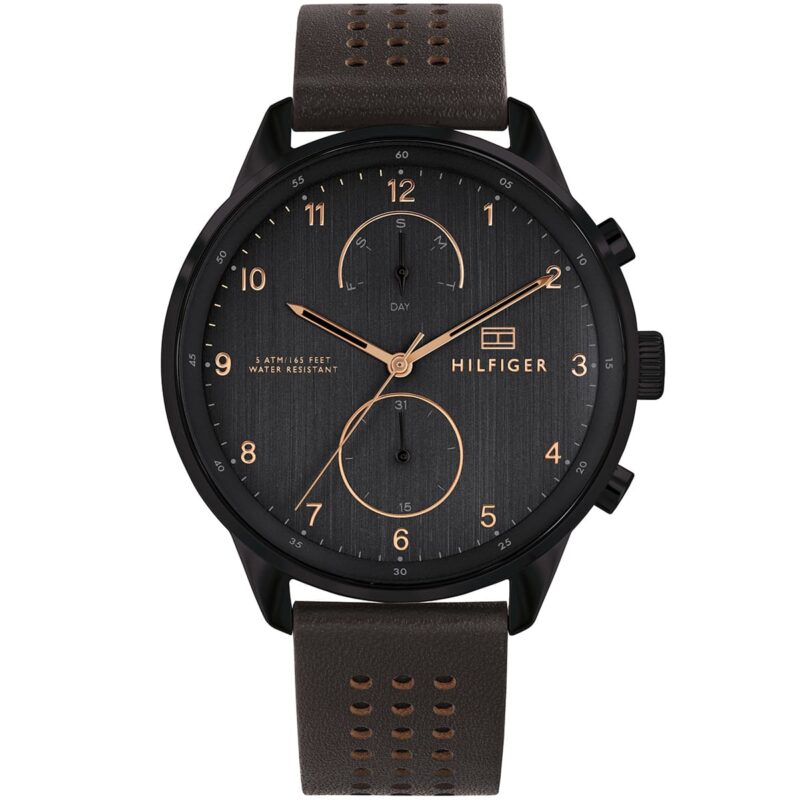 1791577 tommy hilfiger watch men black dial leather strap quartz battery analog monthly weekly date chase