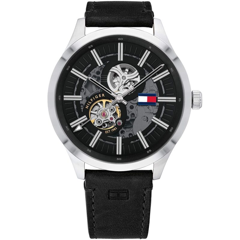 1791641 tommy hilfiger watch men black dial leather strap automatic analog three hand spencer