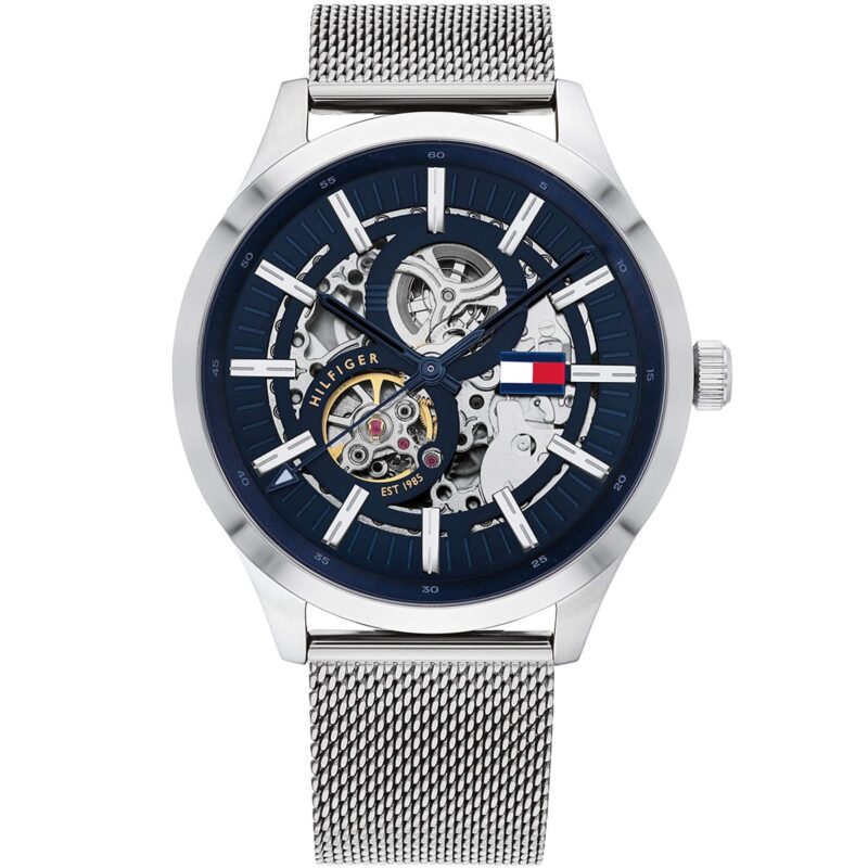 1791643 tommy hilfiger watch men blue dial stainless steel metal silver strap automatic analog three hand mesh spencer
