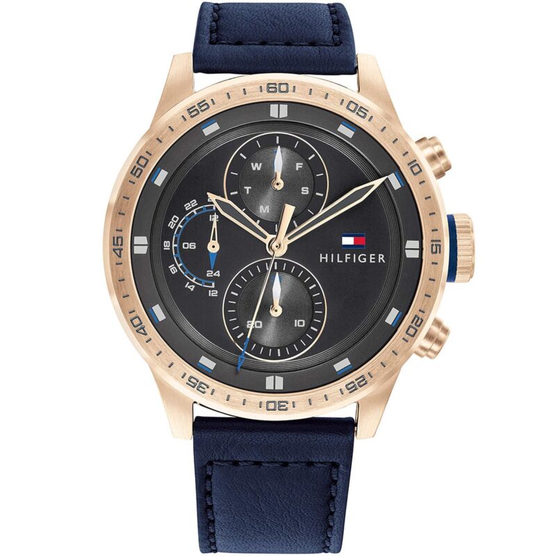 1791808 tommy hilfiger watch men gray dial leather blue strap quartz battery analog monthly weekly date trent