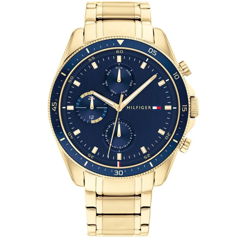 1791834 tommy hilfiger watch men blue dial stainless steel metal gold strap quartz battery analog monthly weekly date parker