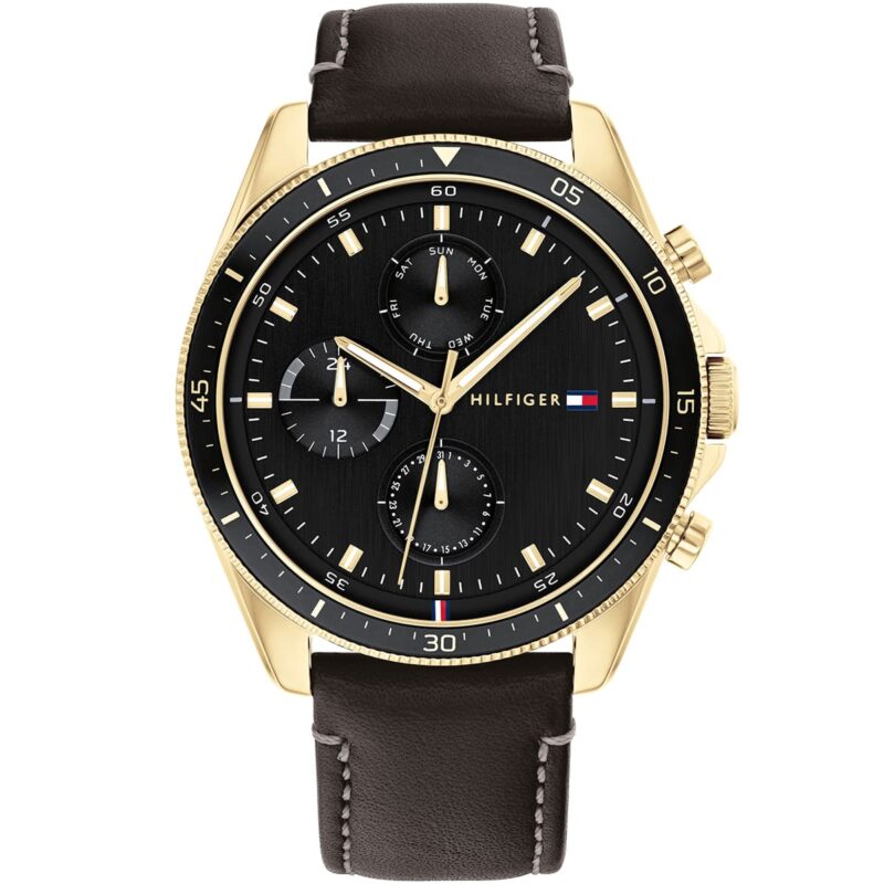 1791836 tommy hilfiger watch men black dial leather strap quartz battery analog monthly weekly date parker